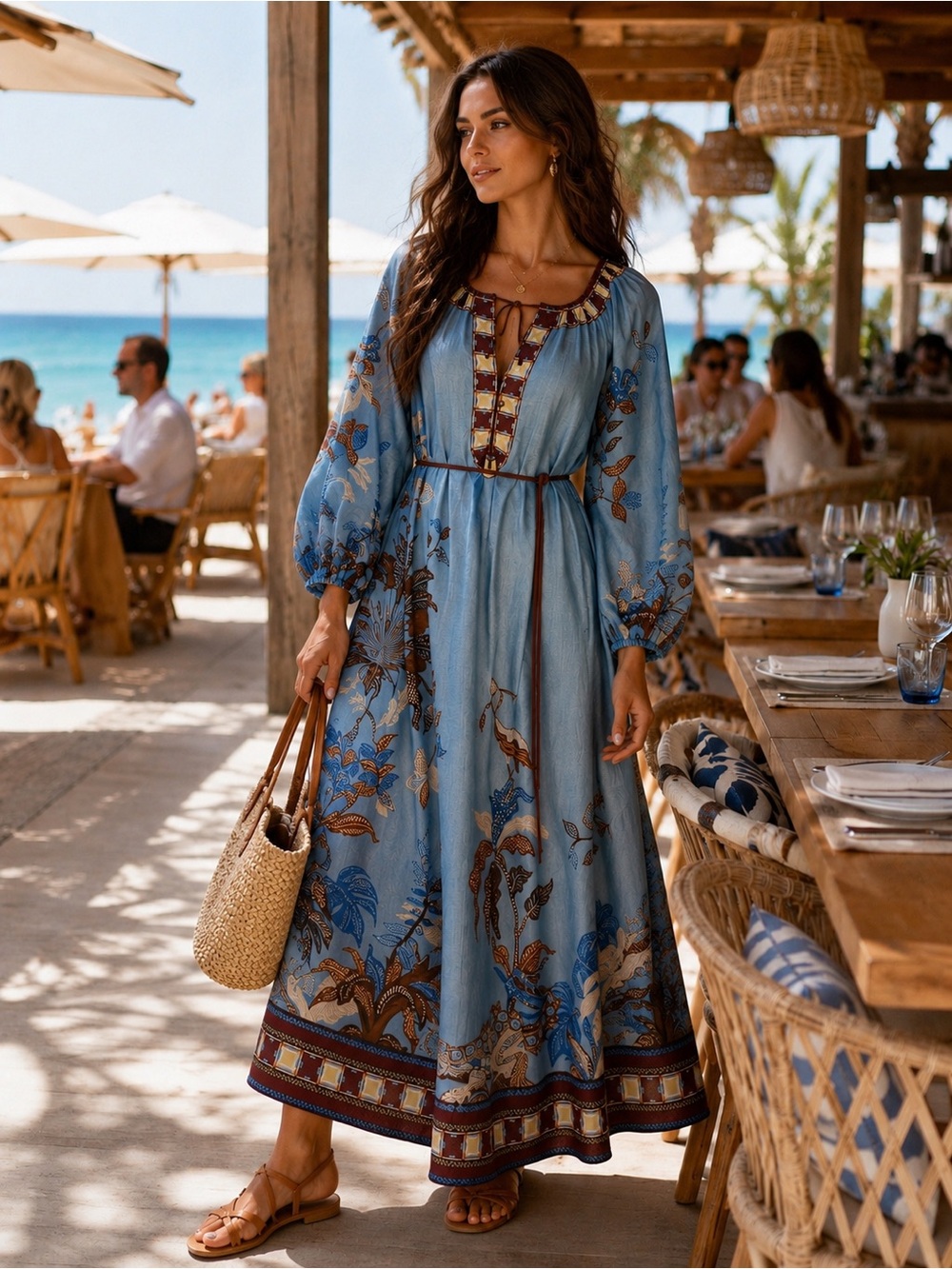 Alemais Sky Blue Floral Maxi Dress with Maroon Trim